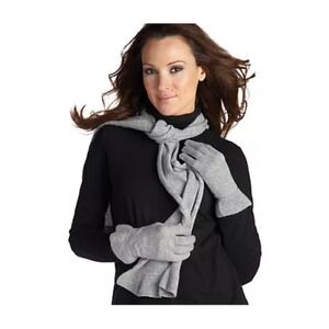 Precious Fibers Ruffle Trim Cashmere Scarf and Glove Set Women Gray Quiet Luxury